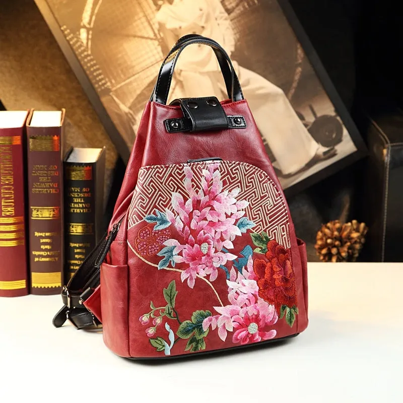 Ethnic Style Genuine Leather Floral Pattern Shell-Shape Backpack