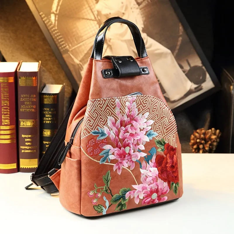 Ethnic Style Genuine Leather Floral Pattern Shell-Shape Backpack