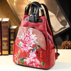 Ethnic Style Genuine Leather Floral Pattern Shell-Shape Backpack