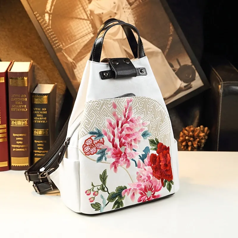 Ethnic Style Genuine Leather Floral Pattern Shell-Shape Backpack