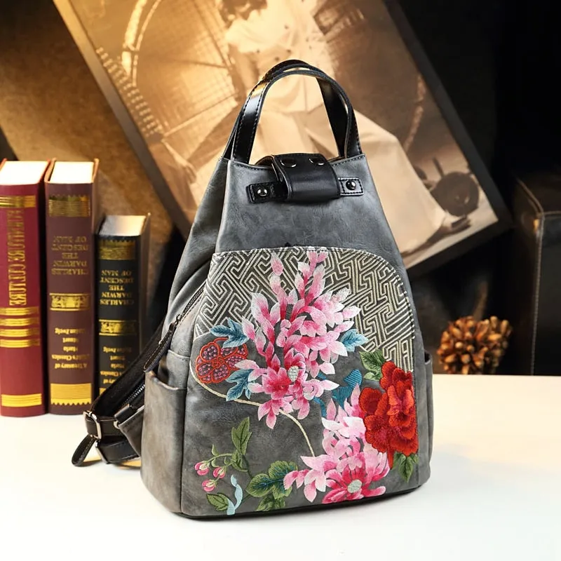 Ethnic Style Genuine Leather Floral Pattern Shell-Shape Backpack