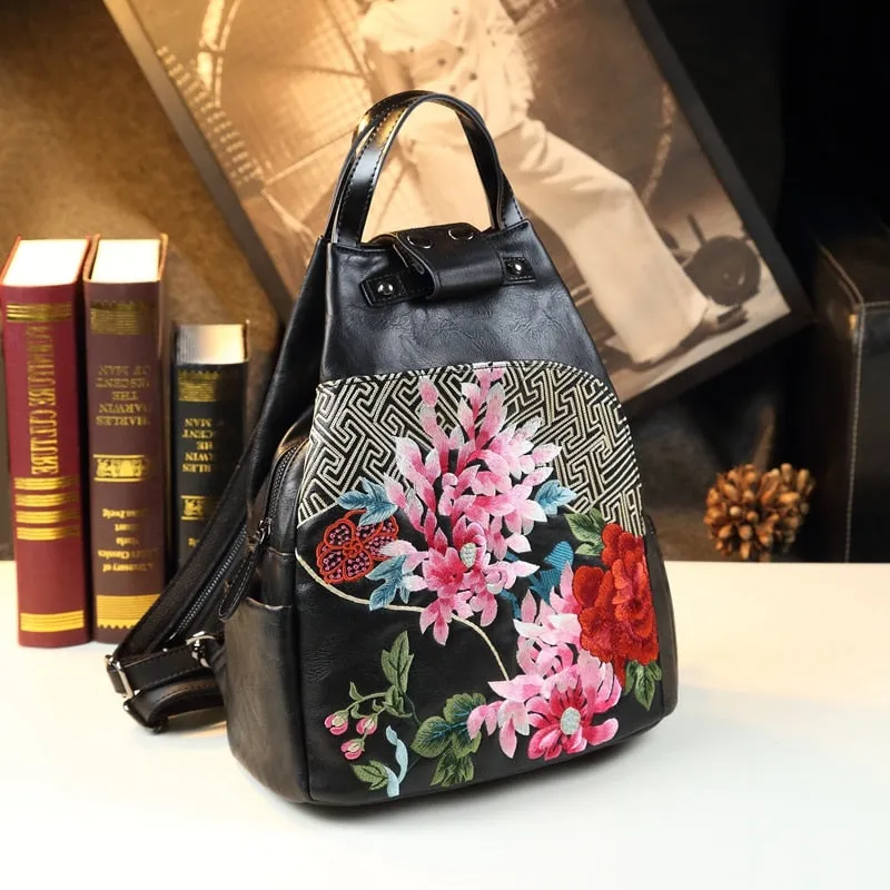 Ethnic Style Genuine Leather Floral Pattern Shell-Shape Backpack