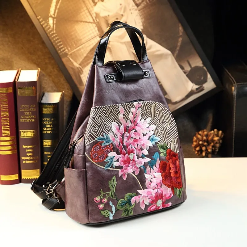 Ethnic Style Genuine Leather Floral Pattern Shell-Shape Backpack