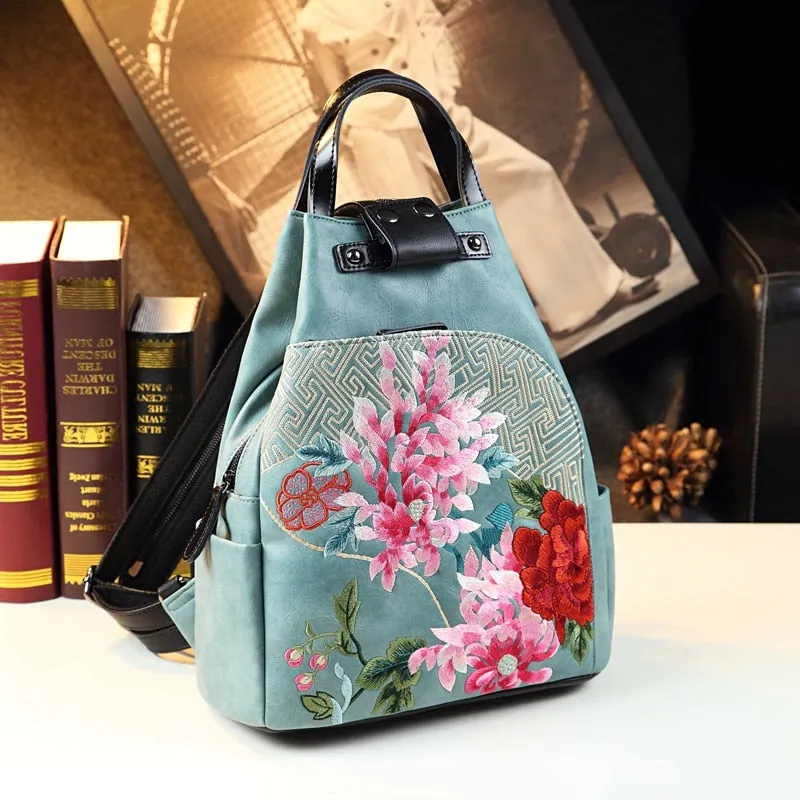 Ethnic Style Genuine Leather Floral Pattern Shell-Shape Backpack