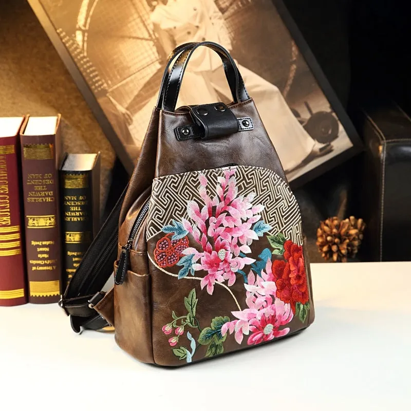 Ethnic Style Genuine Leather Floral Pattern Shell-Shape Backpack