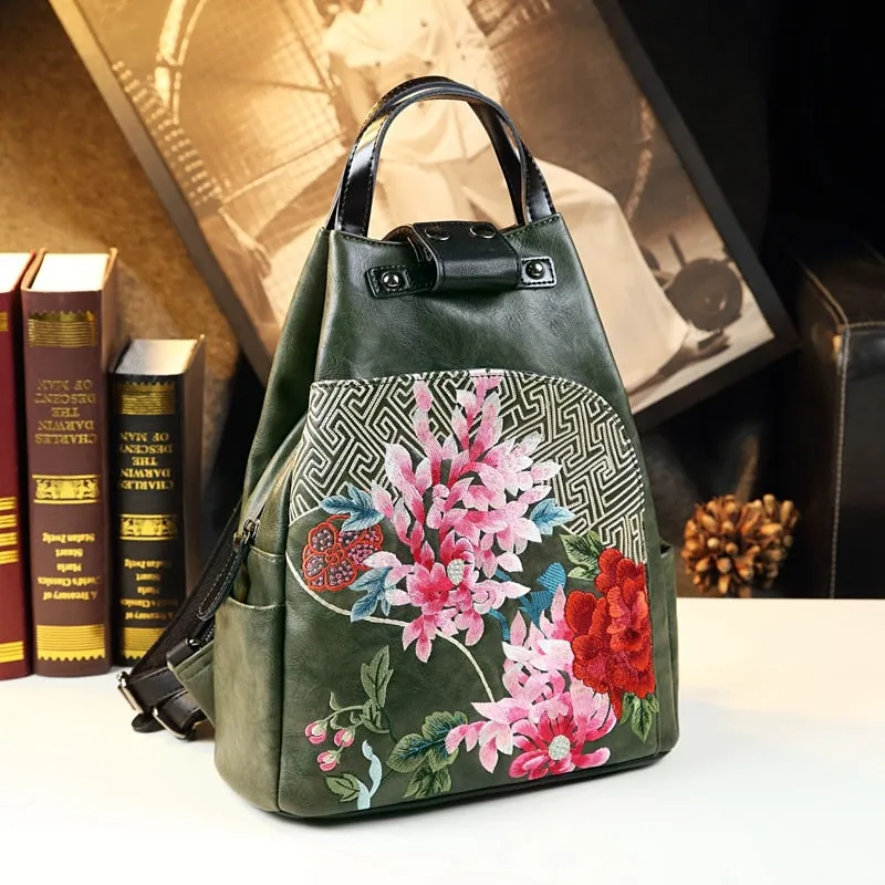 Ethnic Style Genuine Leather Floral Pattern Shell-Shape Backpack