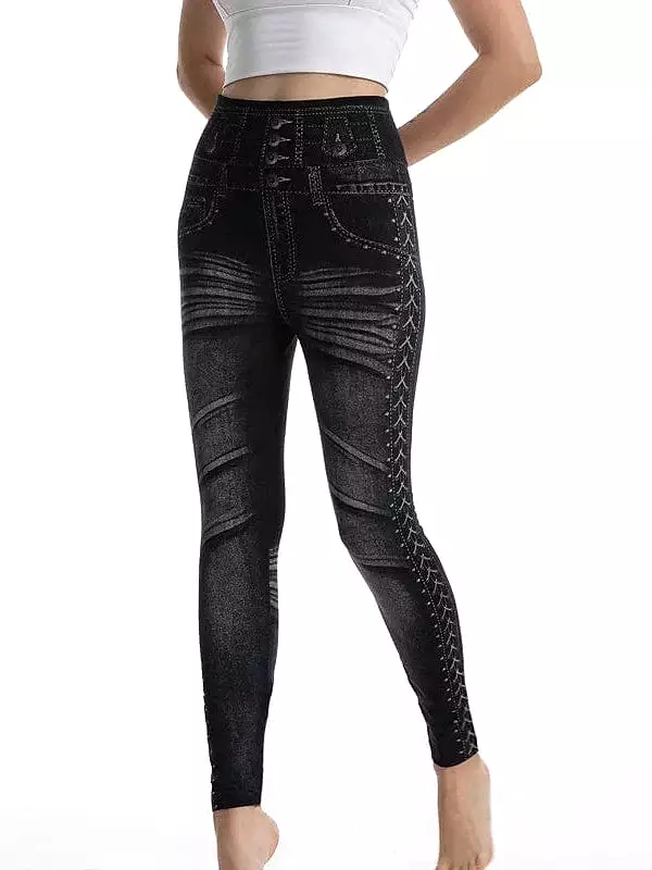 Faux Denim Stretchy High Waist Tights Pants for Women