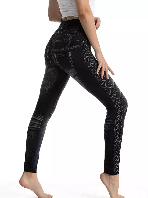 Faux Denim Stretchy High Waist Tights Pants for Women