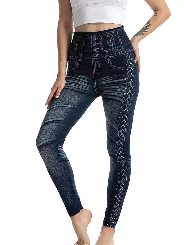 Faux Denim Stretchy High Waist Tights Pants for Women