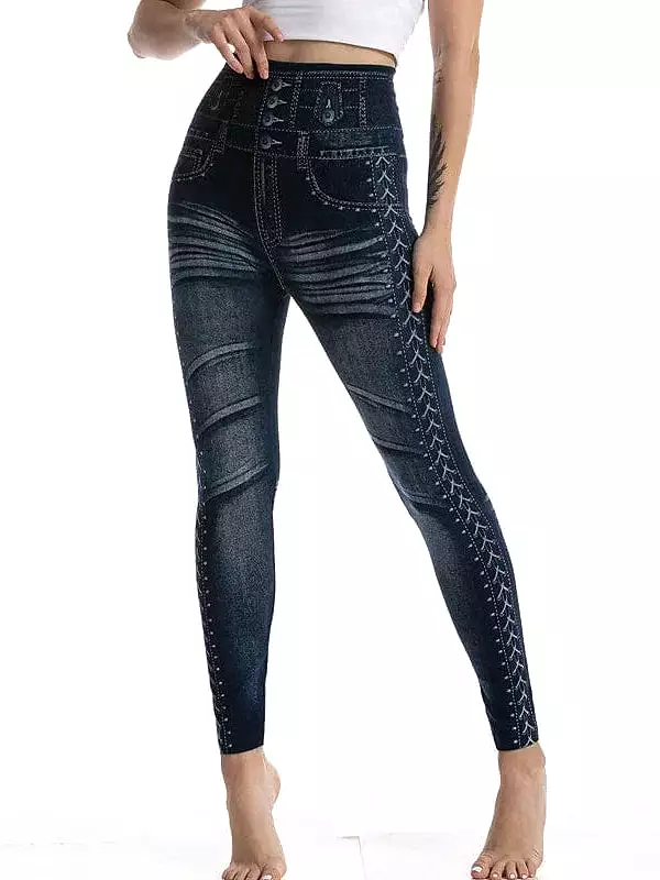 Faux Denim Stretchy High Waist Tights Pants for Women