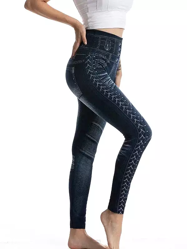 Faux Denim Stretchy High Waist Tights Pants for Women