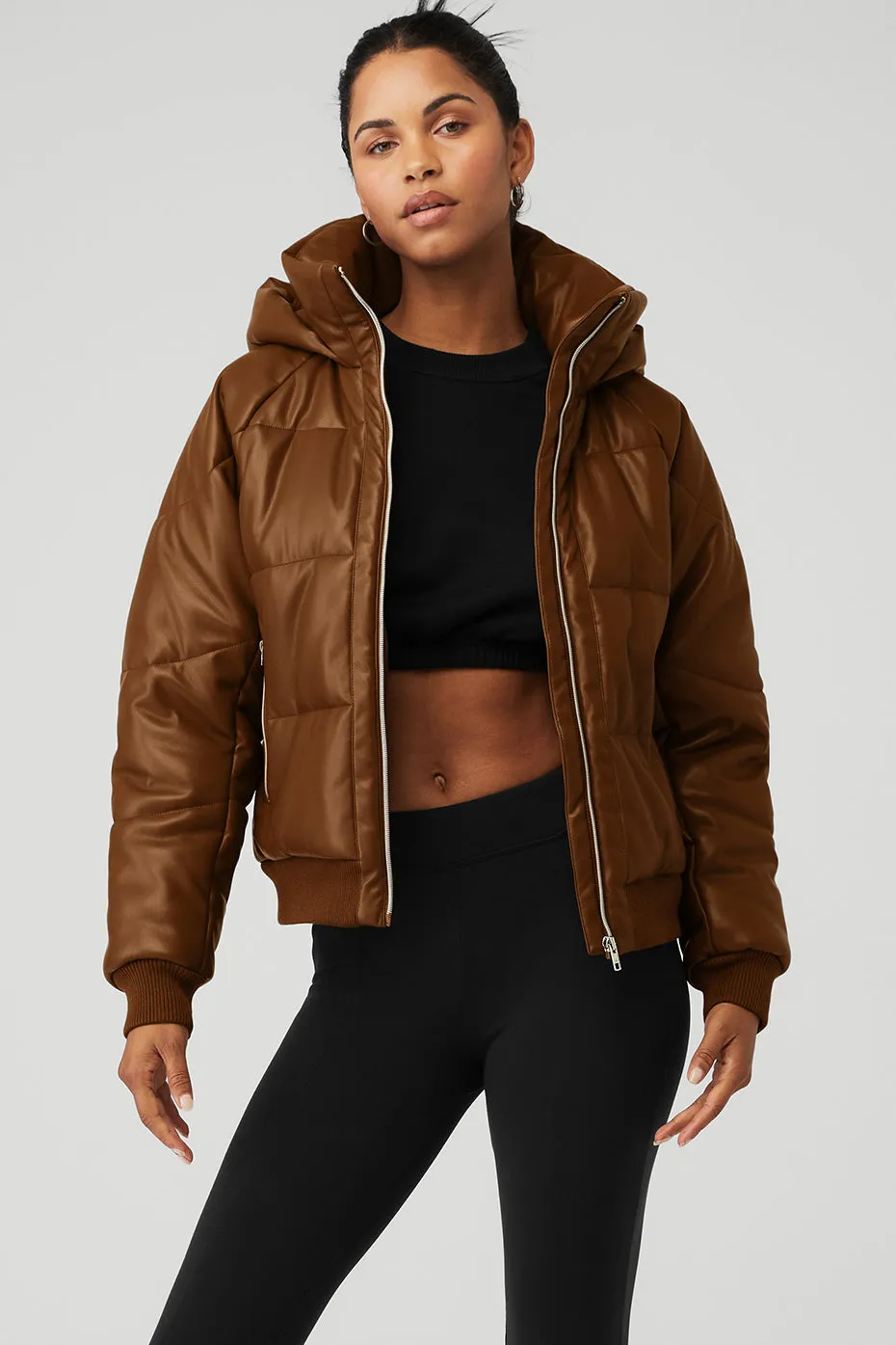 Faux Leather Boss Puffer - Cinnamon Brown