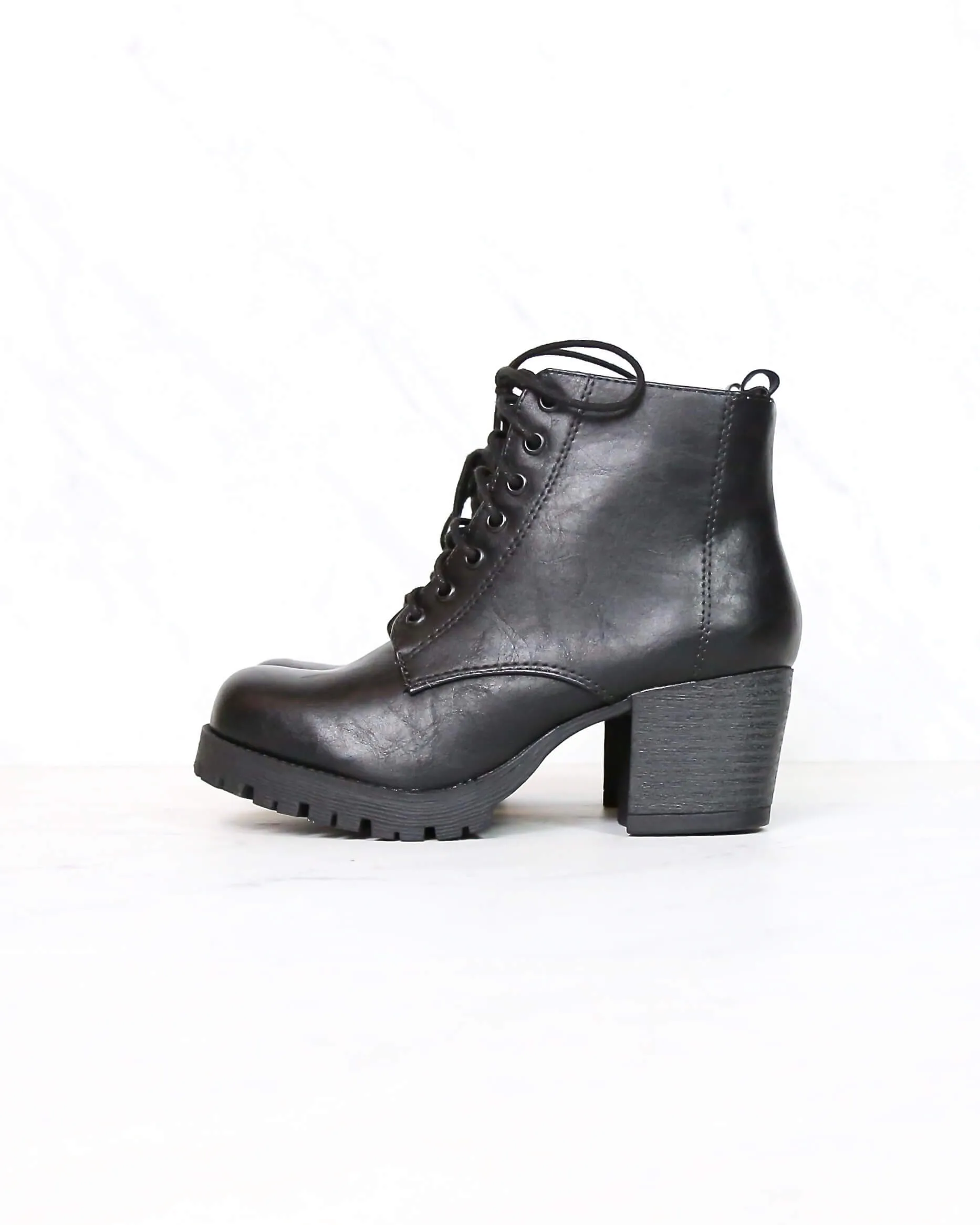 Faux Leather Lace Up Chunky Heel Combat Boots in Black