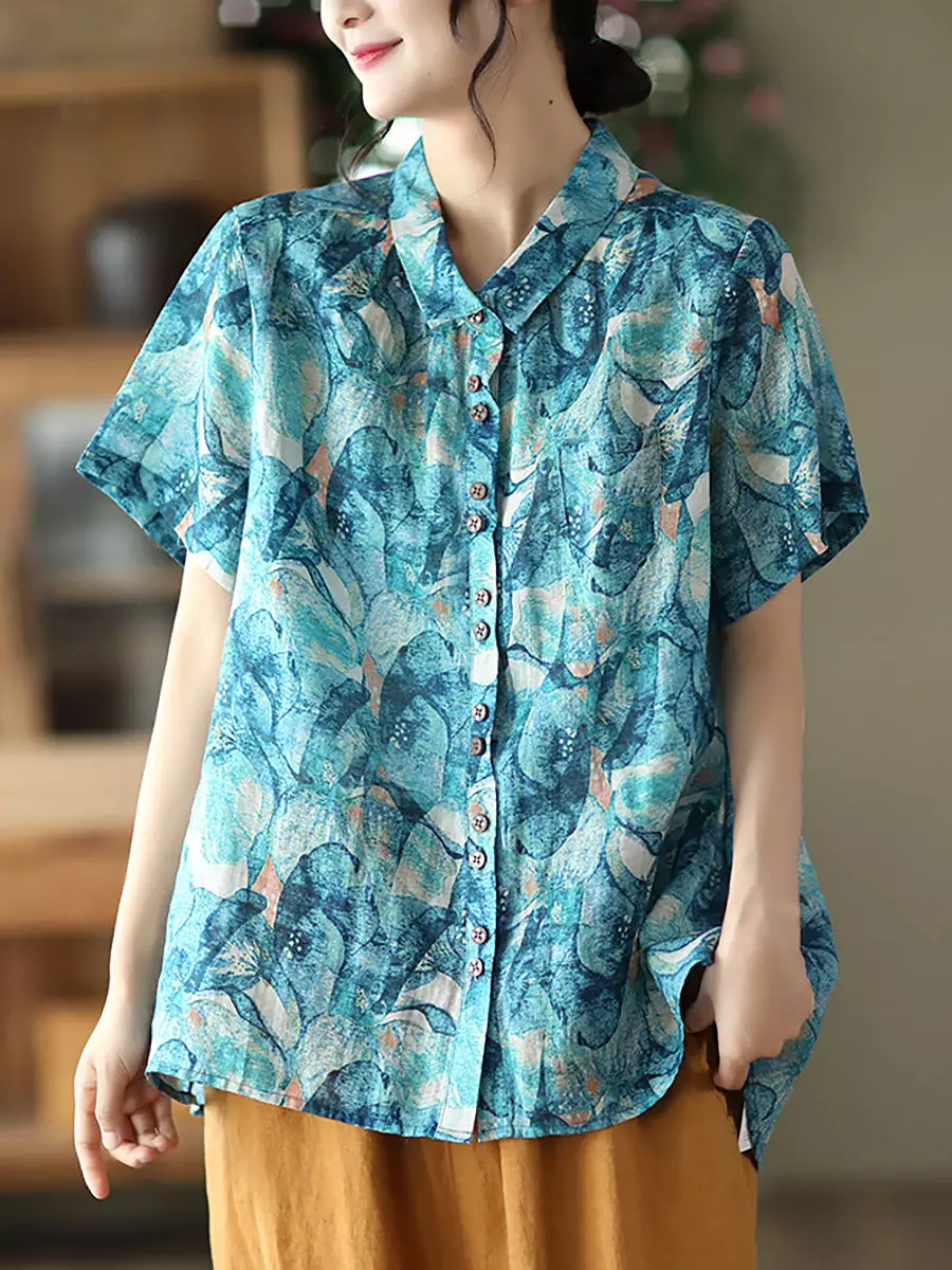 Floral Ramie Vintage Summer Women Loose Shirt