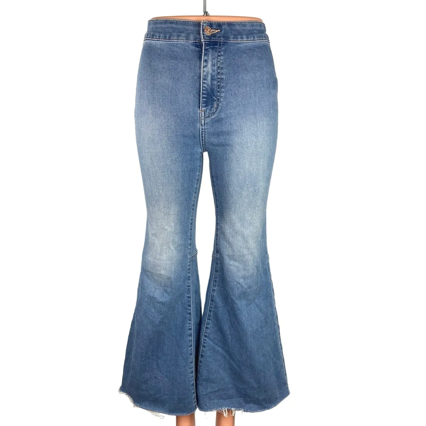 Free People We the Free Blue Flare Boot Cut Frayed Hem Mid Rise Stretch Ankle Denim Jeans 25