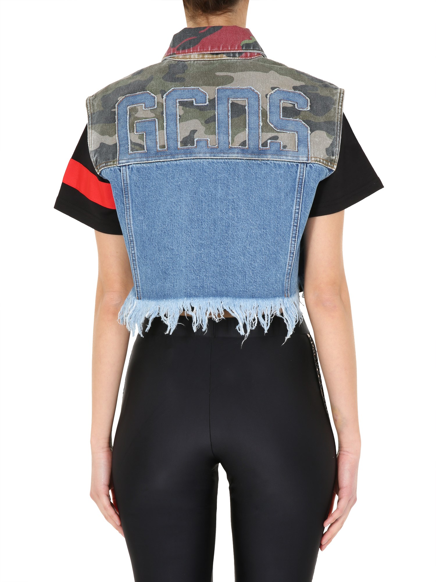 GCDS    CROPPED COTTON DENIM VEST WITH CAMOUFLAGE DETAILS