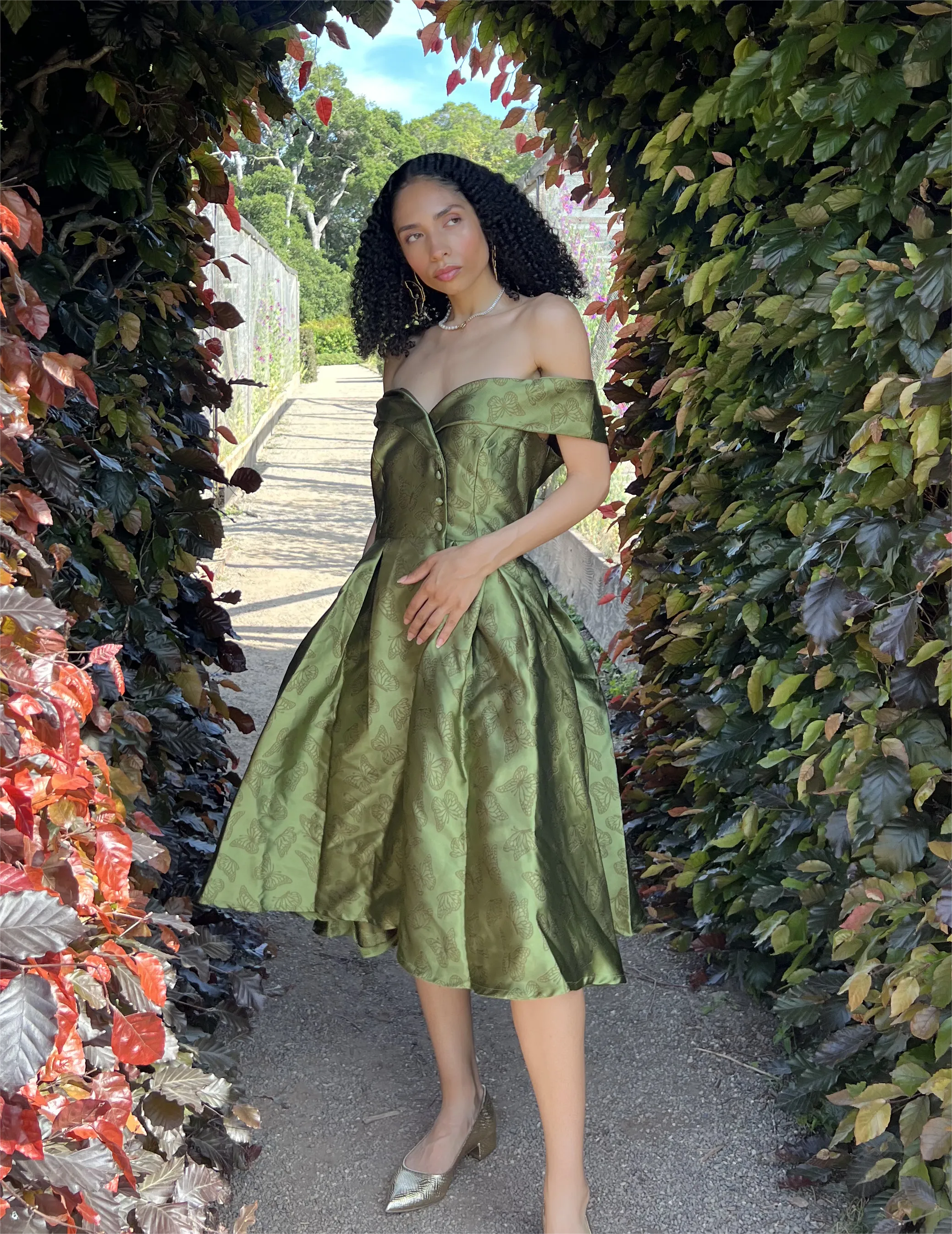 Green 1950s Off-Shoulder Vintage Dress