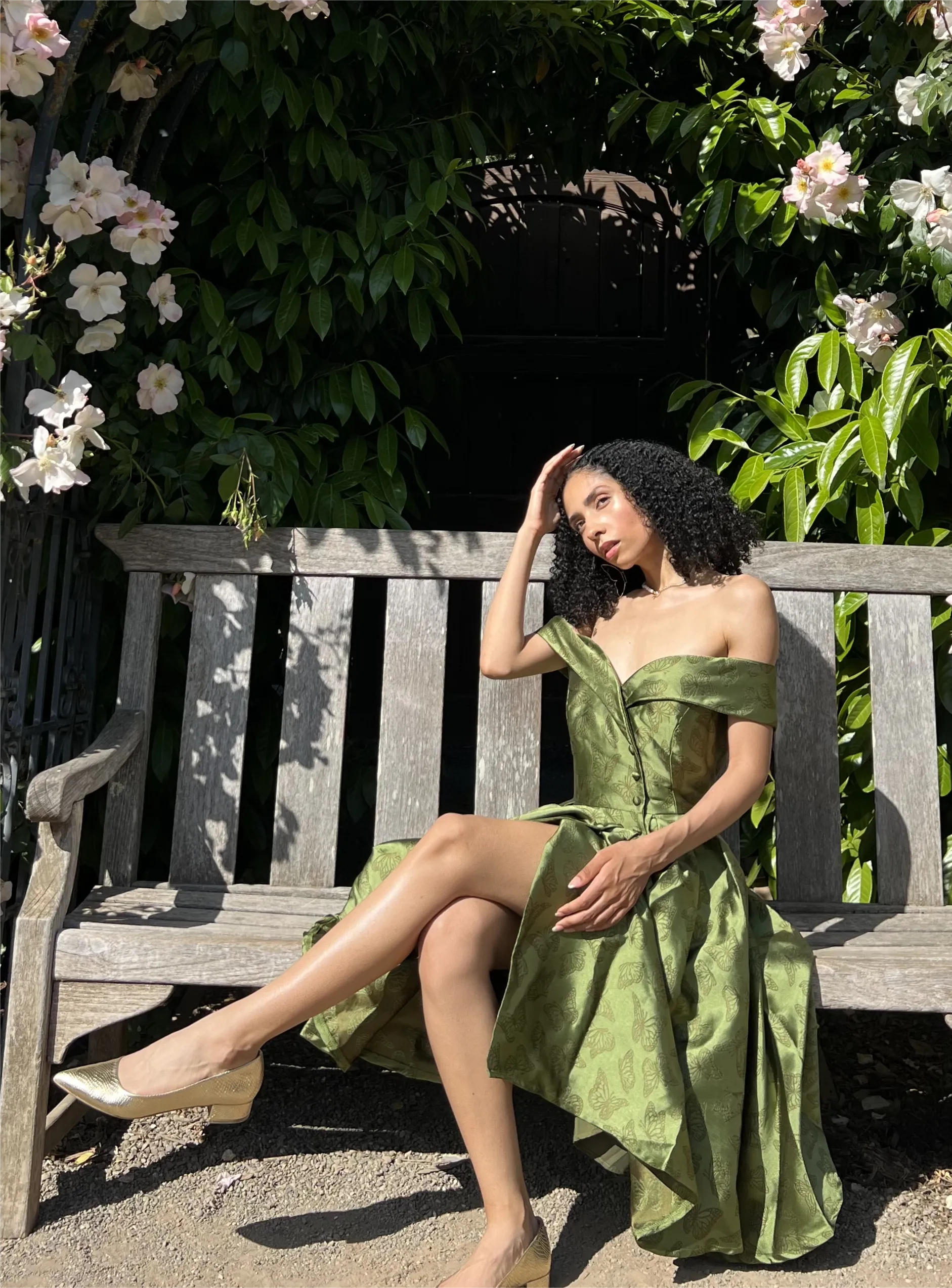 Green 1950s Off-Shoulder Vintage Dress