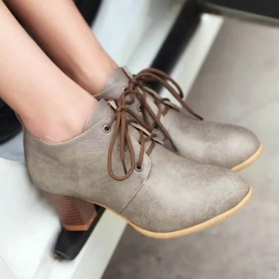 Grey Khaki Lace Up Vintage High Heels Oxfords Dress Shoes