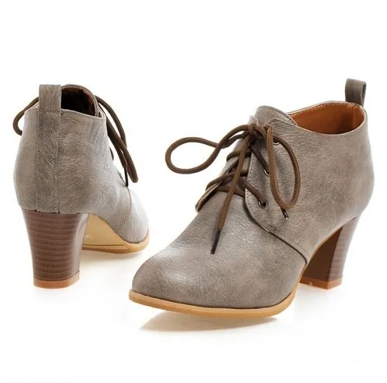 Grey Khaki Lace Up Vintage High Heels Oxfords Dress Shoes