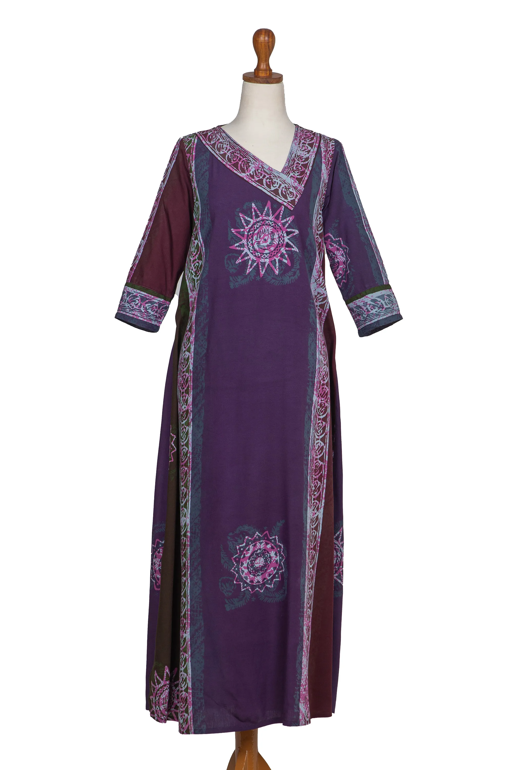 Handmade Batik Rayon Maxi Dress with Traditional Details, 