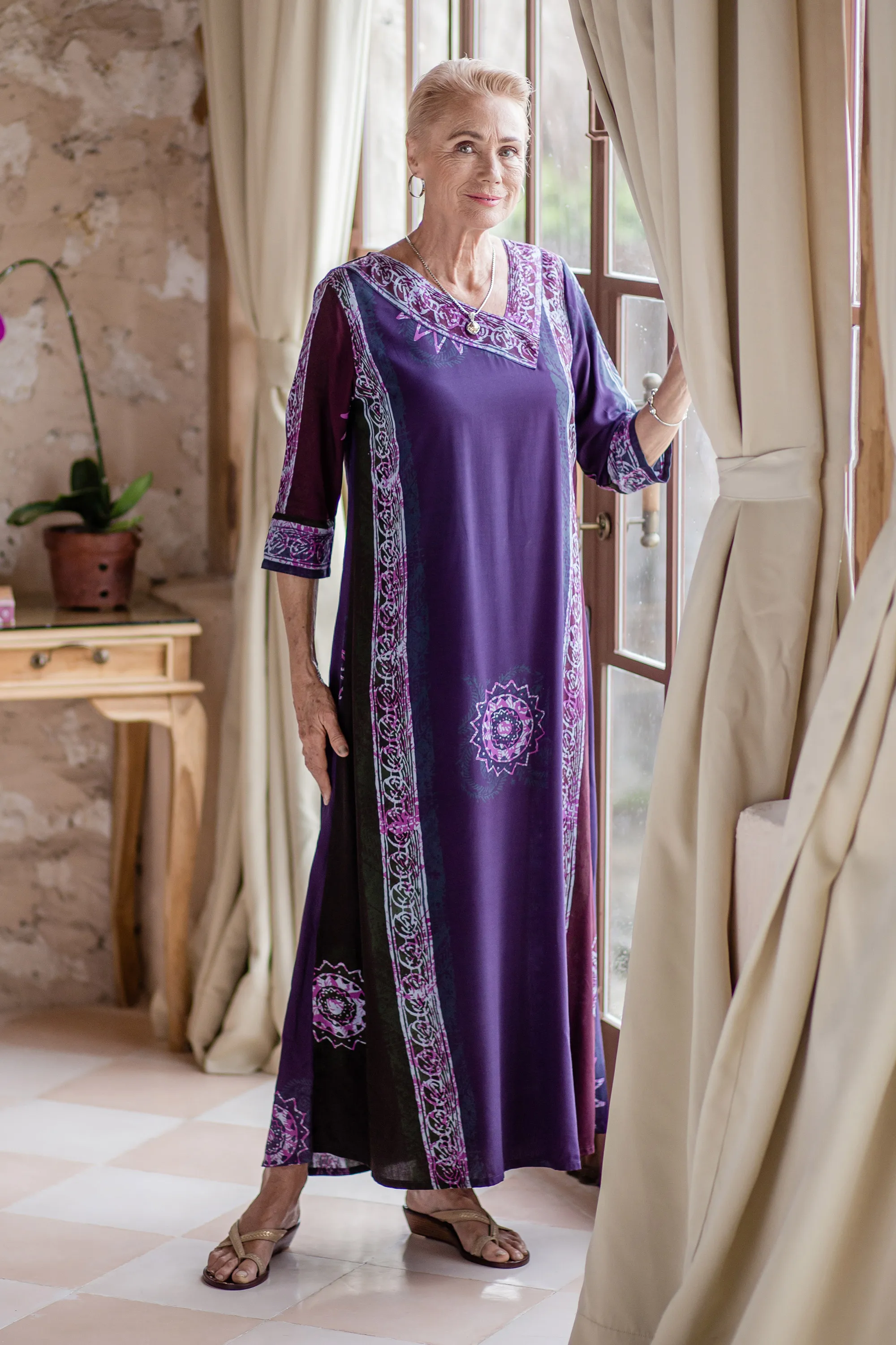 Handmade Batik Rayon Maxi Dress with Traditional Details, 