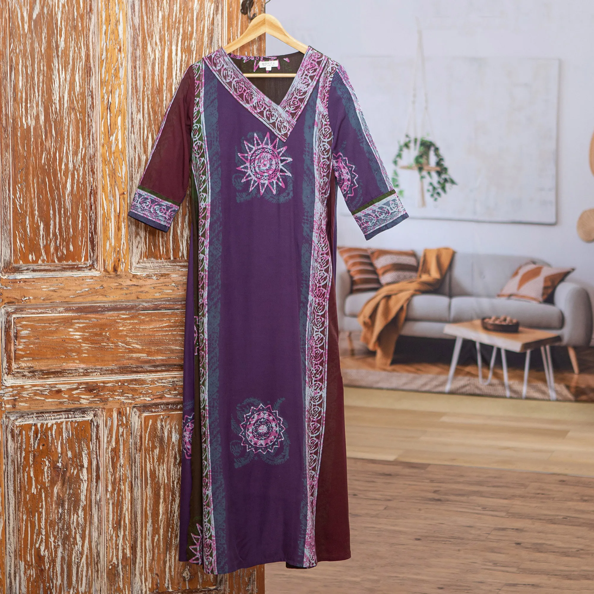 Handmade Batik Rayon Maxi Dress with Traditional Details, 