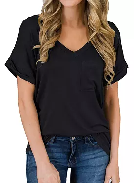 Haute Edition Women's Loose Relaxed Fit V-Neck SummerTopT-Shirt With Pocket