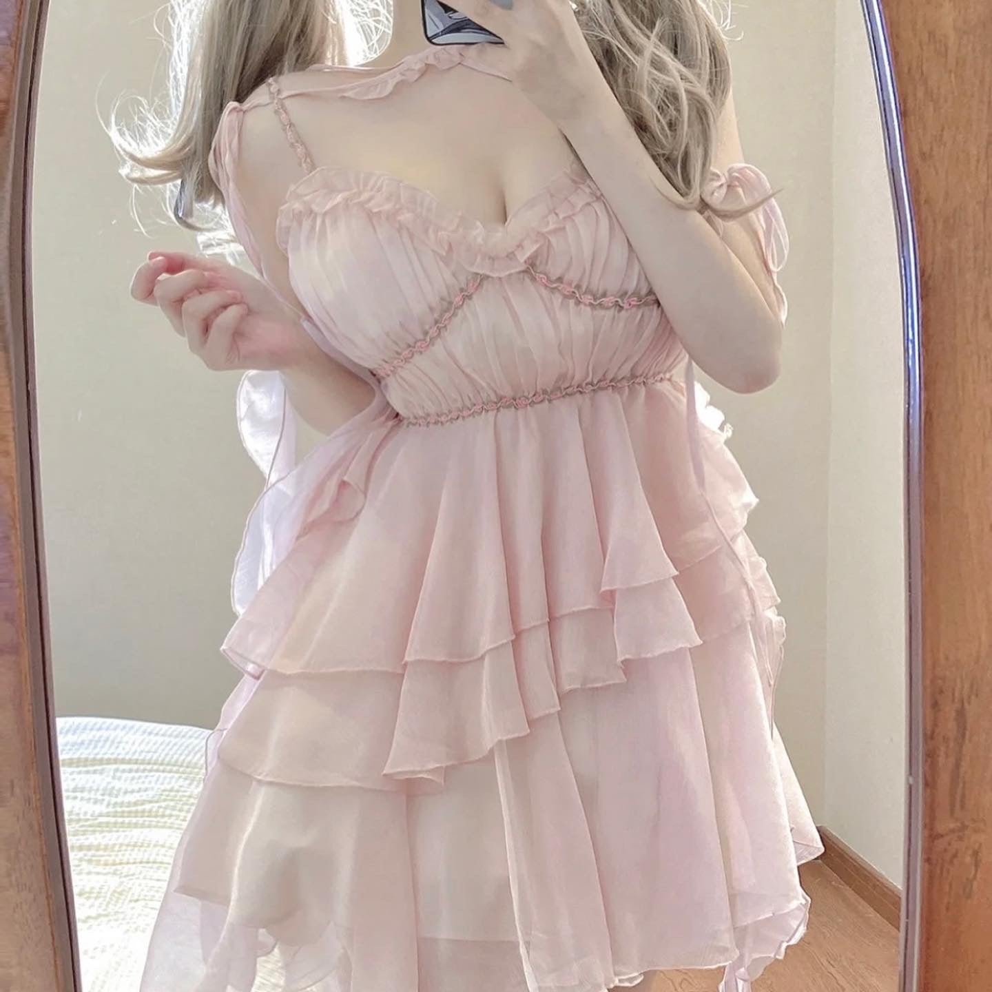 irregular ruffle high waist fairy pink dress