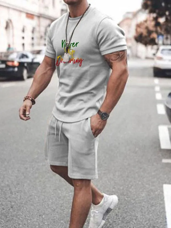 Men's Activewear 2-Piece Printed Short Sleeves Jewel Neck Grey