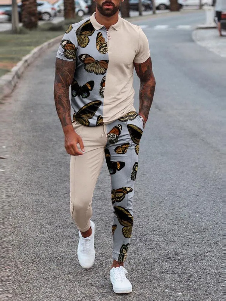 Men's Activewear 2-Piece Printed Short Sleeves Turndown Collar khaki