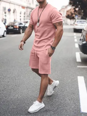 Men's Activewear 2-Piece Short Sleeves Jewel Neck Pink