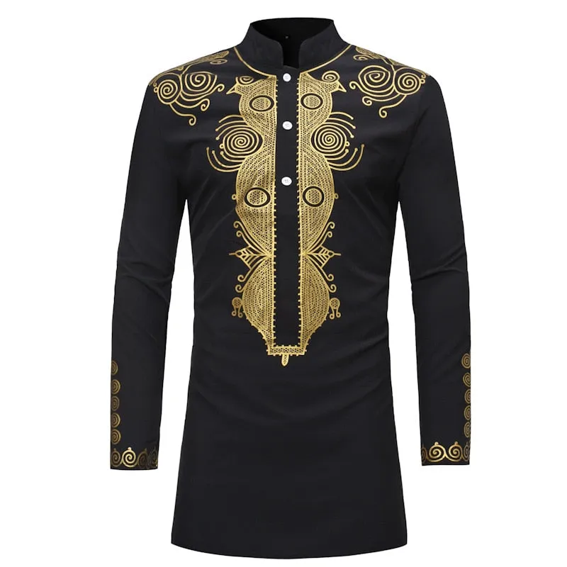 Men's African Tribal Slim Fitted Longline Mandarin Collar Long Sleeve Shirt