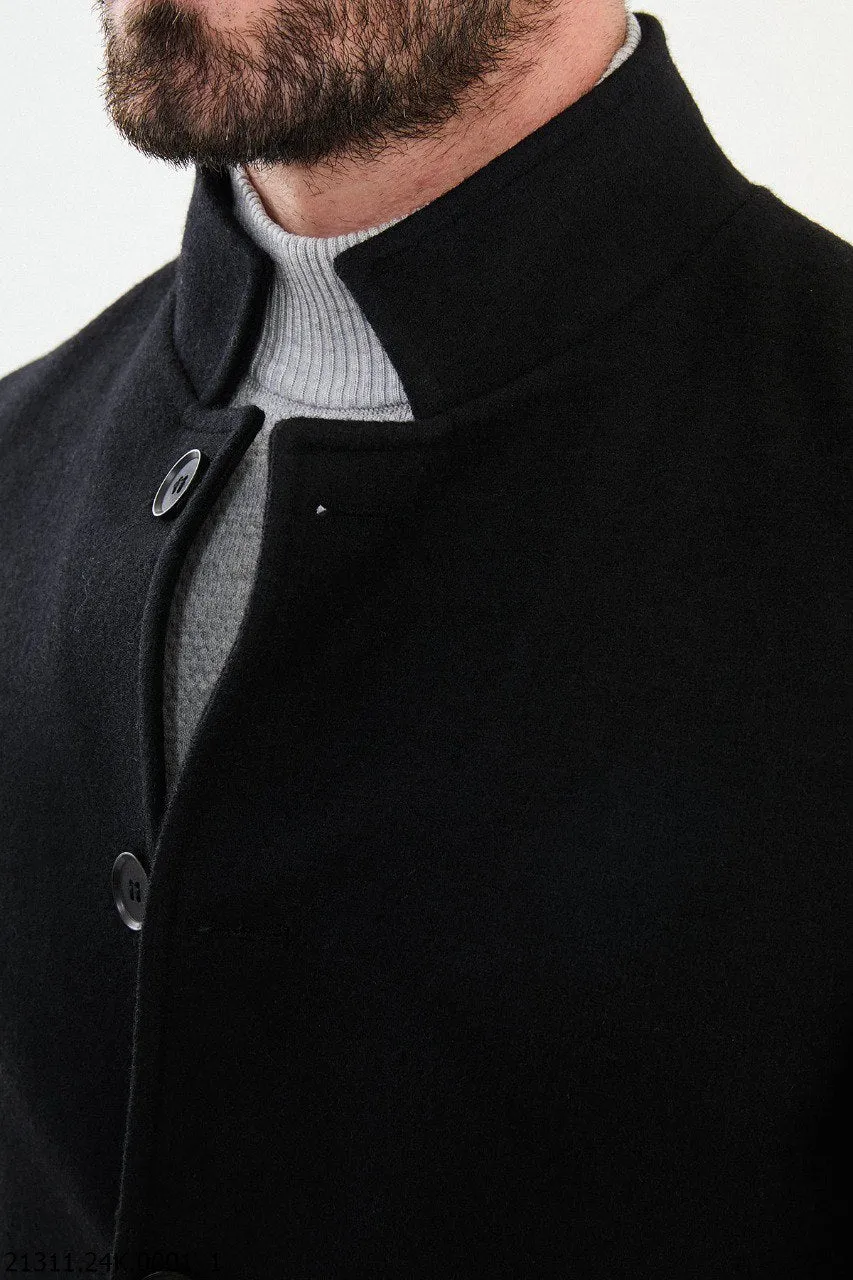 Men's Black Collar Cotton Blend Winter Coat