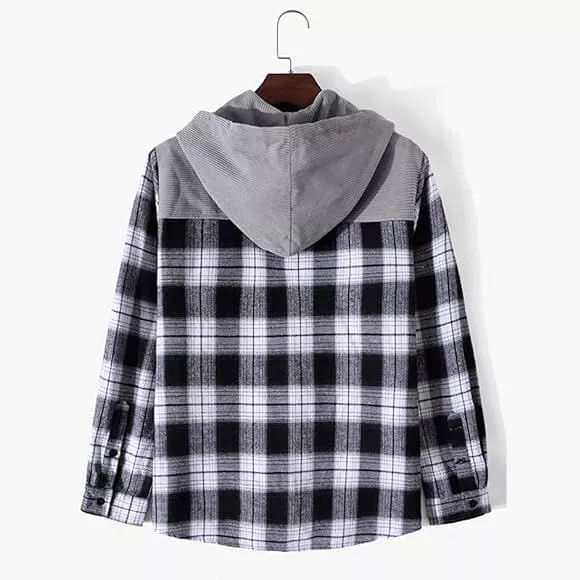 Mens Corduroy Hoodie Shirts Color Block Plaid Patchwork XL S4193019