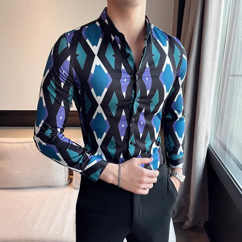 Men's Korean Style Diamond Pattern Printed Long Sleeve Shirt