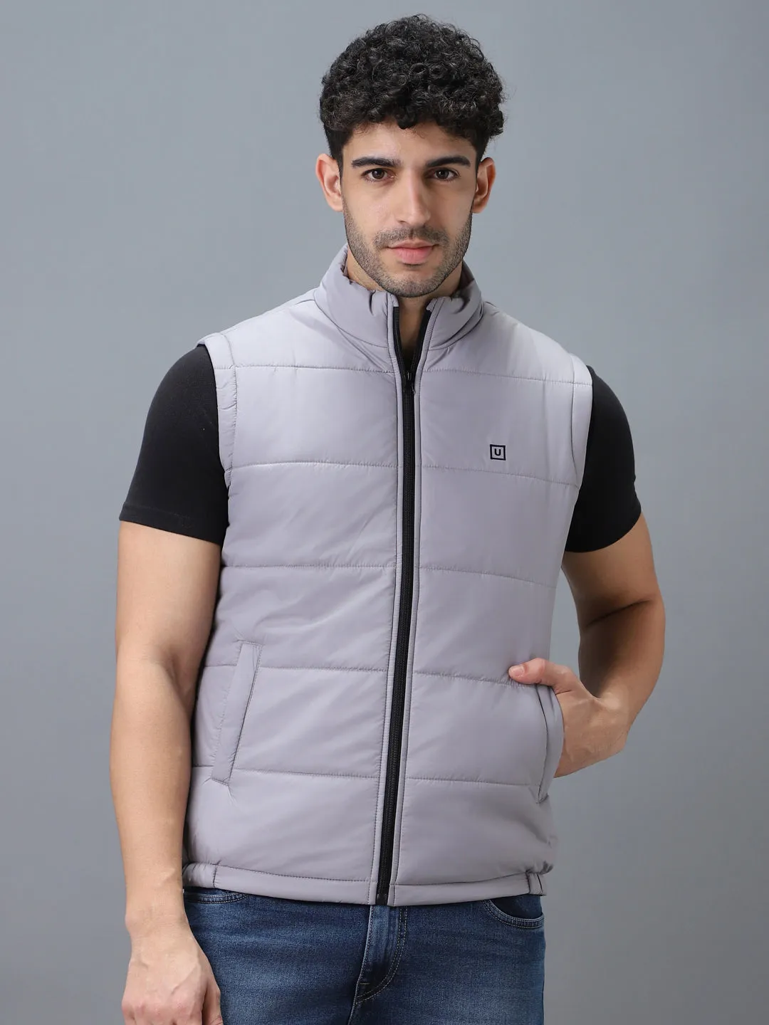 Men's Light Grey Sleeveless Zippered Puffer Jacket