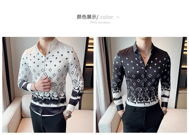 Men's Retro England Style Print Pattern Single Breasted Long Sleeve Shirt