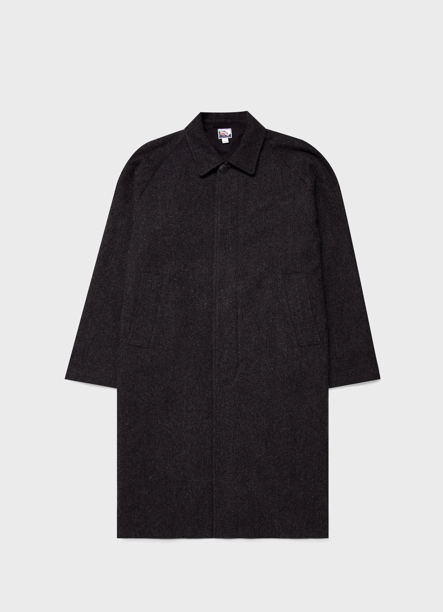 Men's Sunspel x Nigel Cabourn Balmacaan Wool Cashmere Coat in Charcoal Herringbone