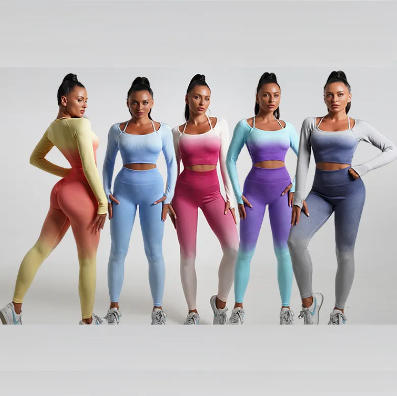 New Arrival Seamless Tight Yoga Suit Long Sleeve Gradient Sports Fitness Elastic Two-piece Female 5 Colors