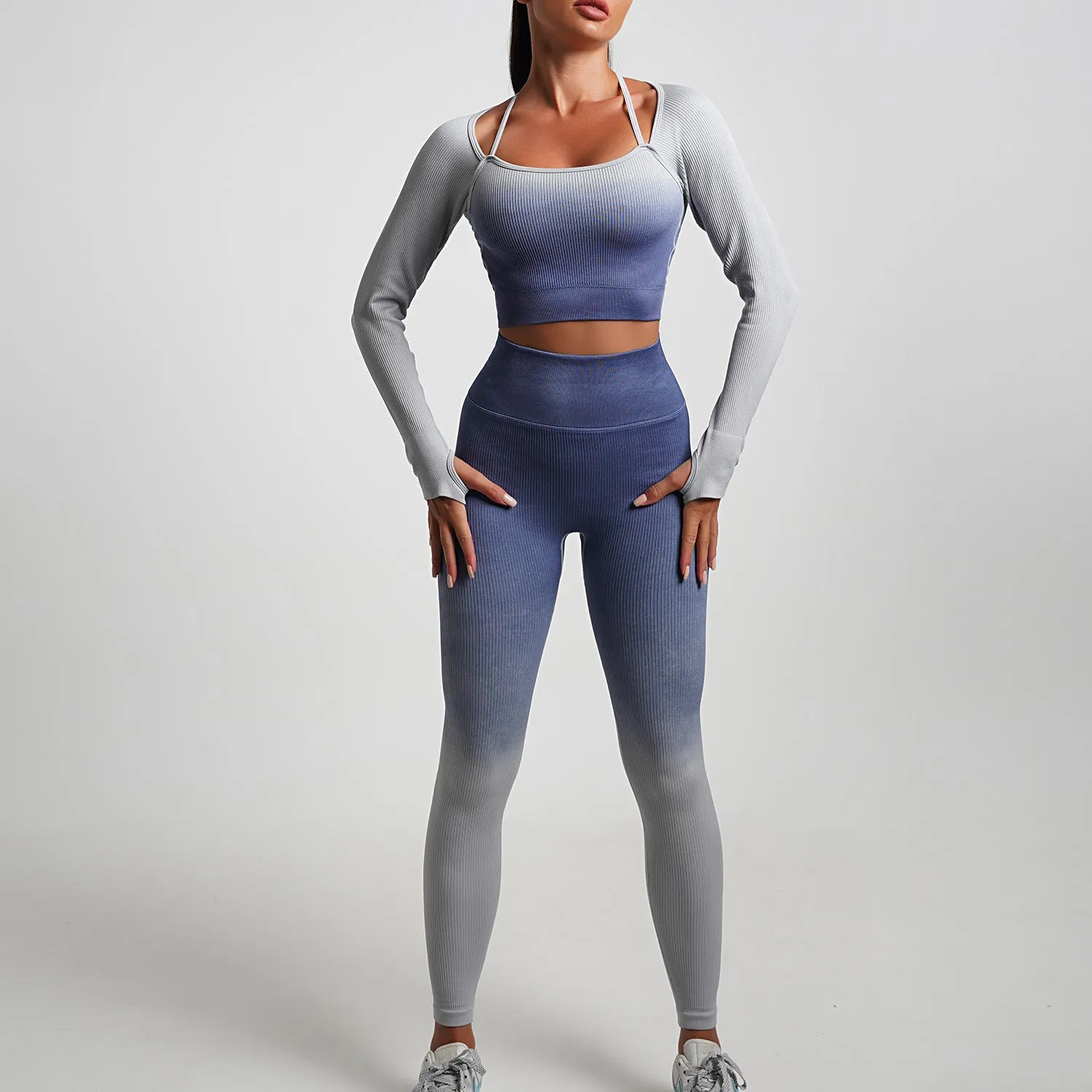 New Arrival Seamless Tight Yoga Suit Long Sleeve Gradient Sports Fitness Elastic Two-piece Female 5 Colors