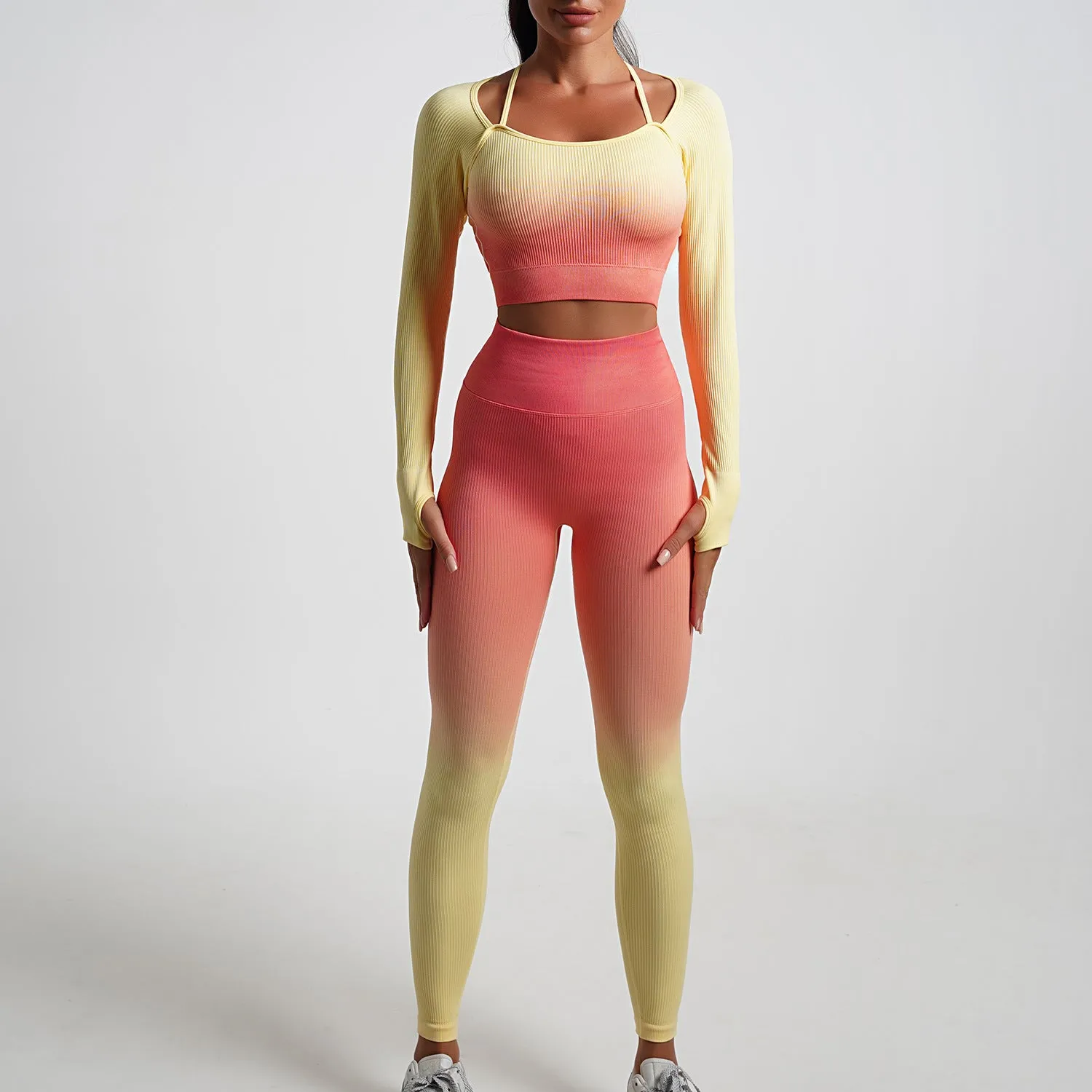 New Arrival Seamless Tight Yoga Suit Long Sleeve Gradient Sports Fitness Elastic Two-piece Female 5 Colors