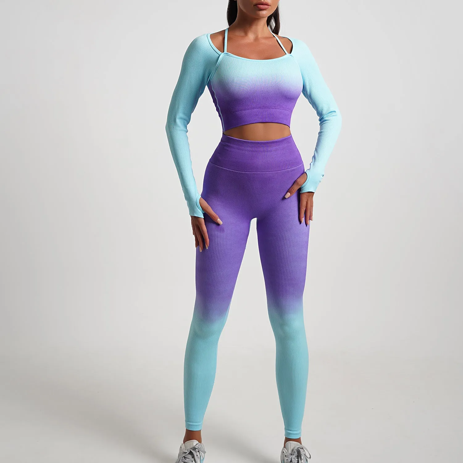 New Arrival Seamless Tight Yoga Suit Long Sleeve Gradient Sports Fitness Elastic Two-piece Female 5 Colors