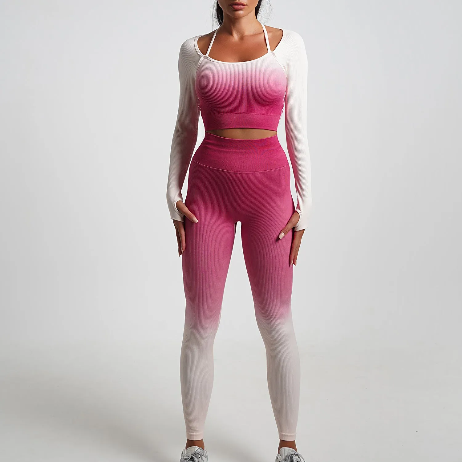 New Arrival Seamless Tight Yoga Suit Long Sleeve Gradient Sports Fitness Elastic Two-piece Female 5 Colors