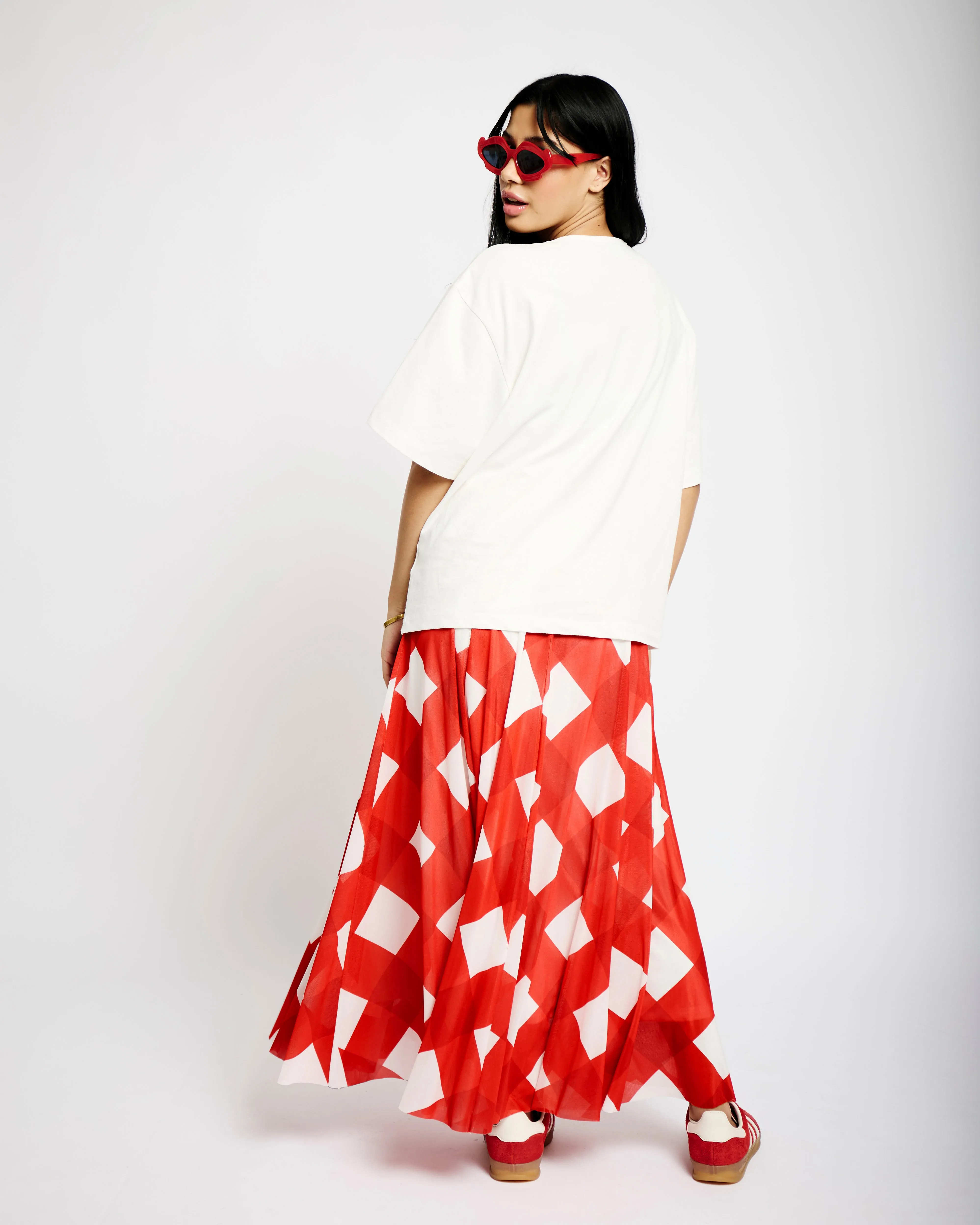 Panelled Lined  Mesh Skirt in Red Gingham