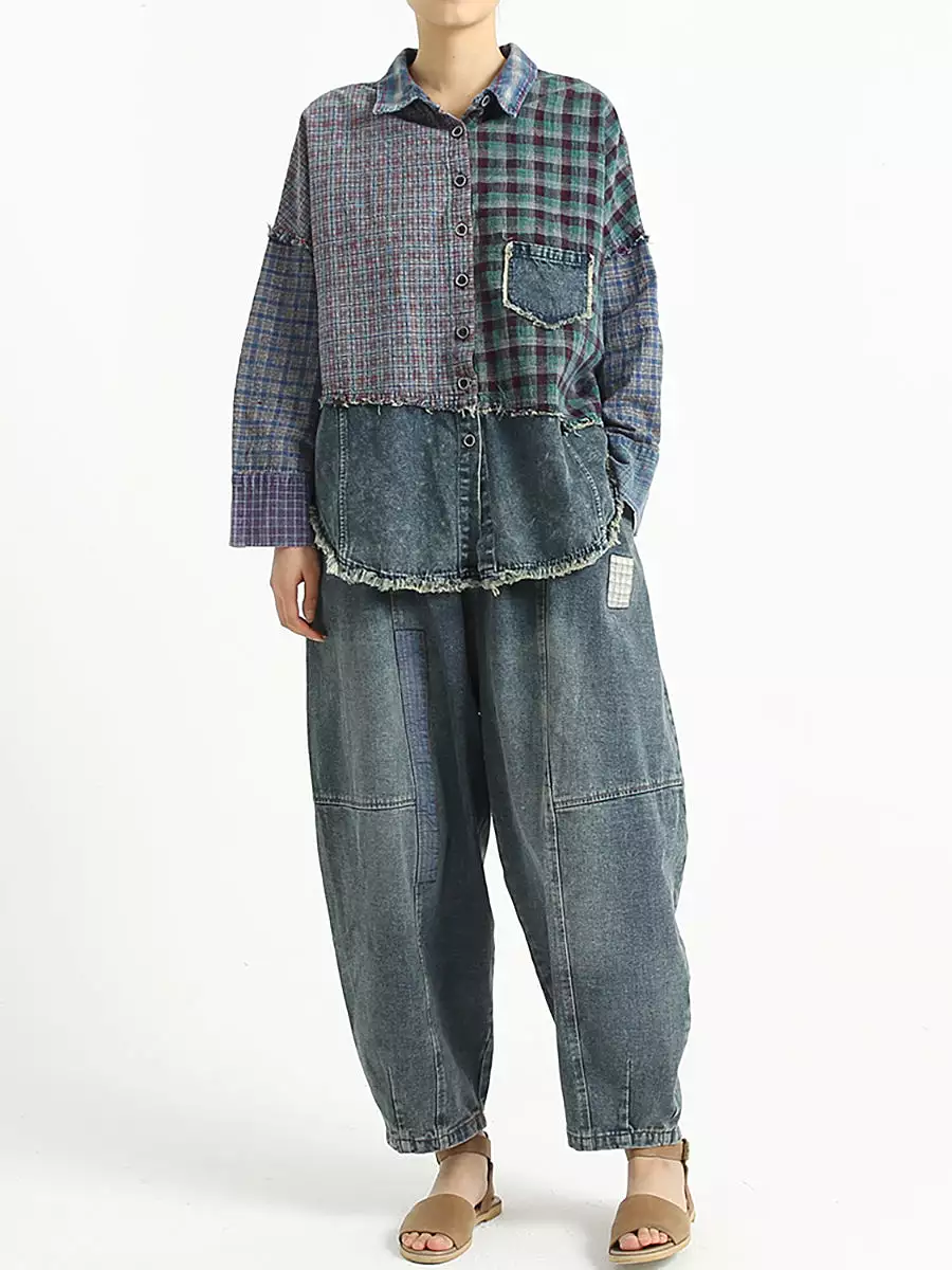 Patchwork Women Turndown Collar Denim Spring Shirt