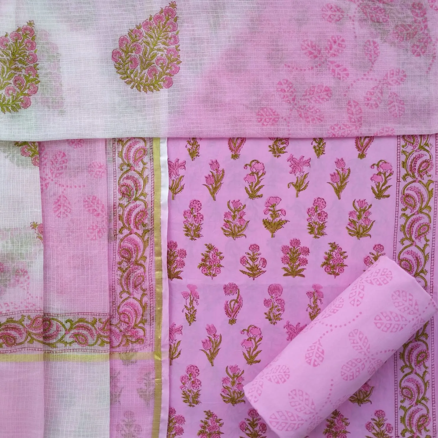 Pink Hand Block Print Cotton Suit Set with Kota Doria Dupatta (RKD100)