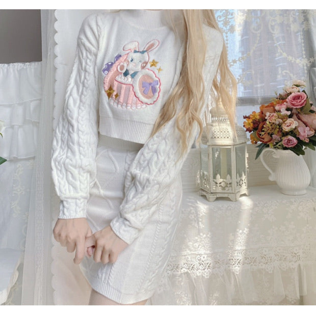 Pinky rabbit sweater one set too long sleeve + skirt cute outfit