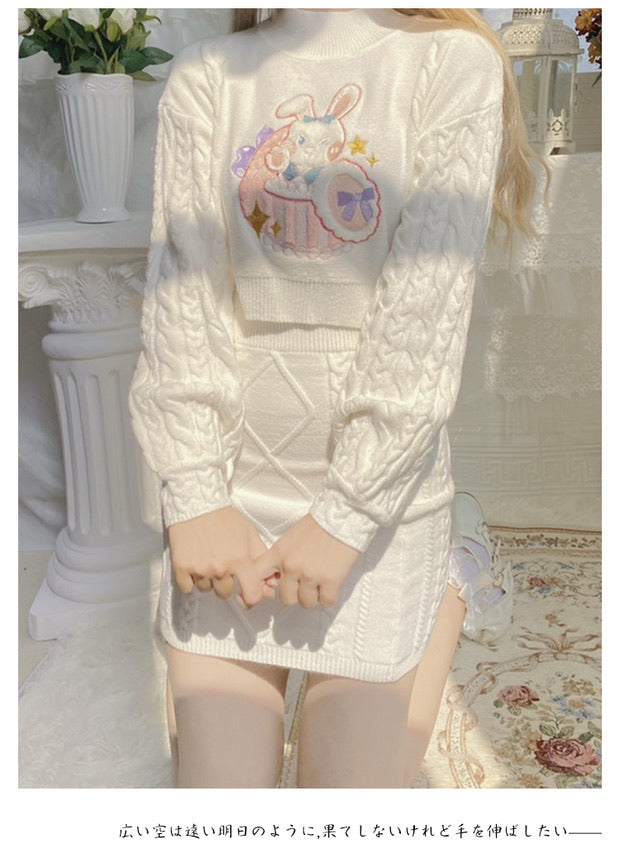 Pinky rabbit sweater one set too long sleeve + skirt cute outfit