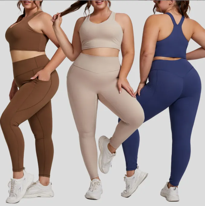 Plus-size women's activewear nude shampooed high-waisted yoga suit